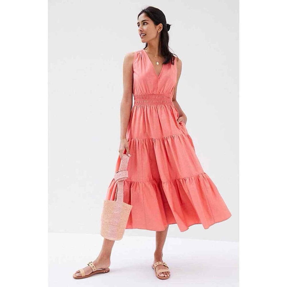 Anthropologie Coral Tiered V-Neck Midi Dress